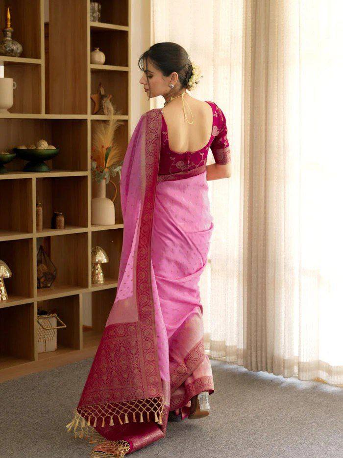 Elegant Baby Pink Banarasi Silk Saree with Magenta Contrast Border & Delicate Zari Weaving