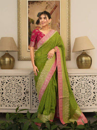 Elegant Olive Green Banarasi Silk Saree with Pink Contrast Border & Delicate Zari Weaving