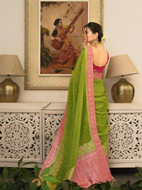 Elegant Olive Green Banarasi Silk Saree with Pink Contrast Border & Delicate Zari Weaving