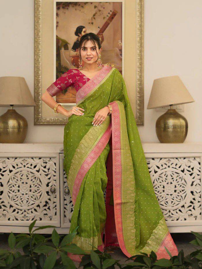 Elegant Olive Green Banarasi Silk Saree with Pink Contrast Border & Delicate Zari Weaving