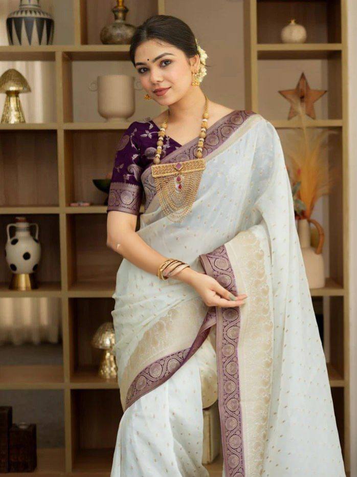 Elegant Off White Banarasi Silk Saree with Mauve Purple Border & Delicate Zari Weaving