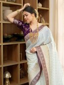 Elegant Off White Banarasi Silk Saree with Mauve Purple Border & Delicate Zari Weaving