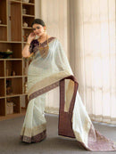 Elegant Off White Banarasi Silk Saree with Mauve Purple Border & Delicate Zari Weaving