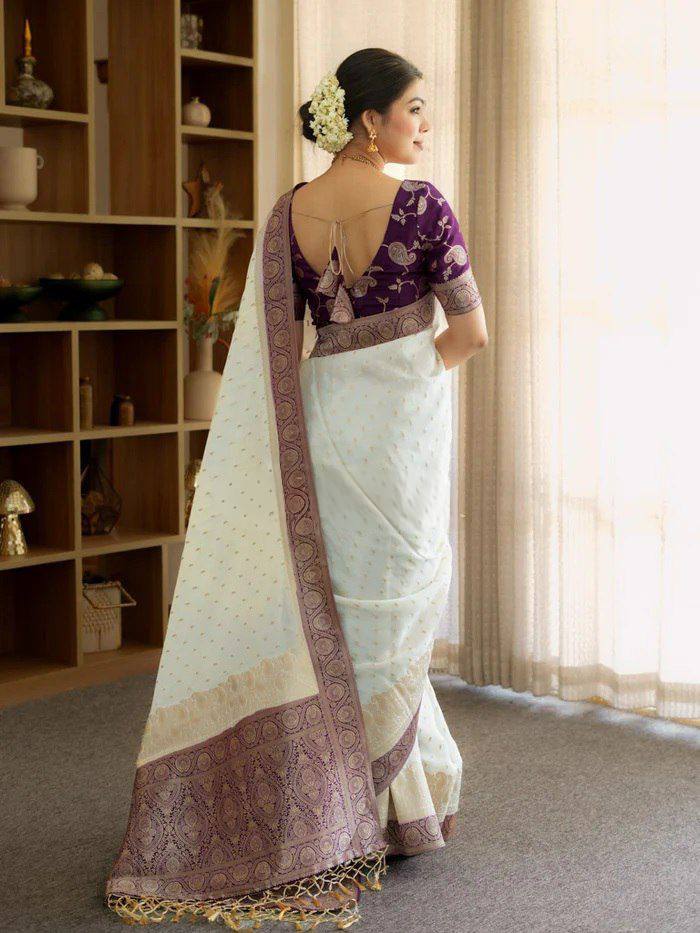 Elegant Off White Banarasi Silk Saree with Mauve Purple Border & Delicate Zari Weaving