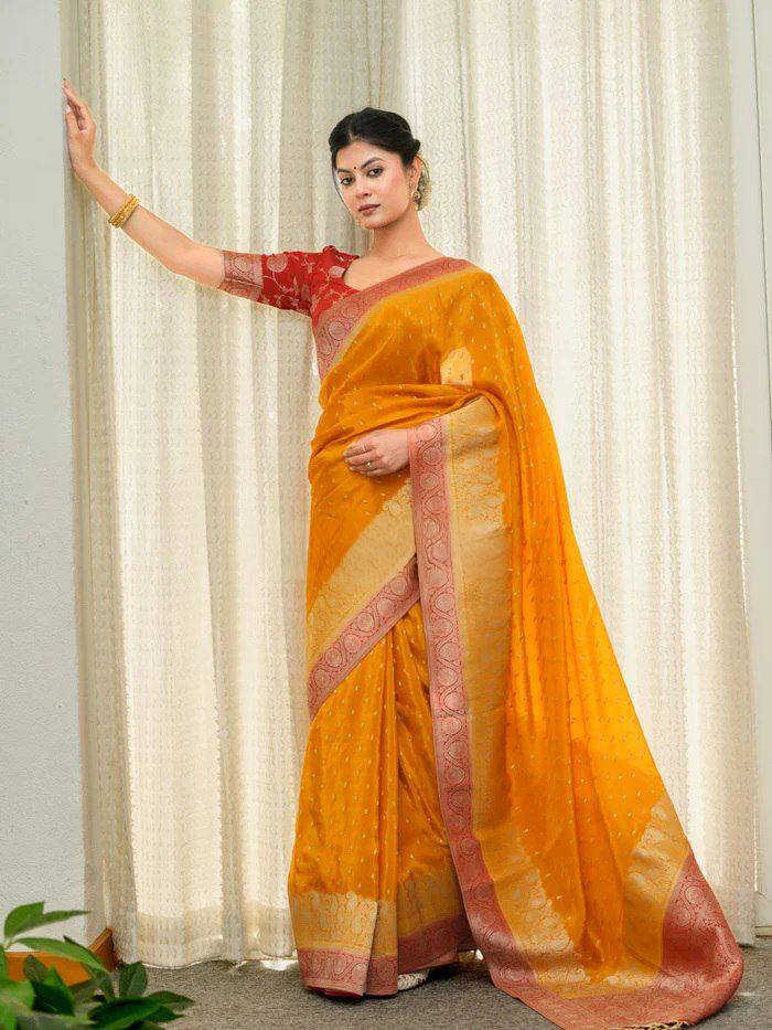 Elegant Mustard Yellow Banarasi Silk Saree with Rose Pink Border & Rich Zari Weaving