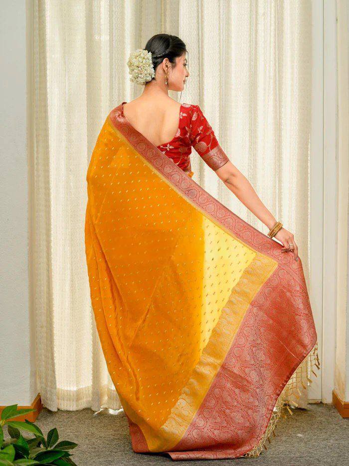 Elegant Mustard Yellow Banarasi Silk Saree with Rose Pink Border & Rich Zari Weaving