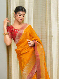 Elegant Mustard Yellow Banarasi Silk Saree with Rose Pink Border & Rich Zari Weaving