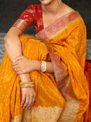Elegant Mustard Yellow Banarasi Silk Saree with Rose Pink Border & Rich Zari Weaving