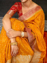Elegant Mustard Yellow Banarasi Silk Saree with Rose Pink Border & Rich Zari Weaving