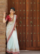 Elegant Off White Banarasi Silk Saree with Rose Pink Border & Delicate Zari Weaving