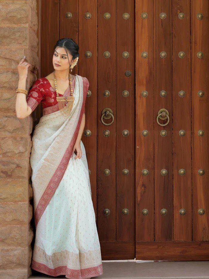 Elegant Off White Banarasi Silk Saree with Rose Pink Border & Delicate Zari Weaving