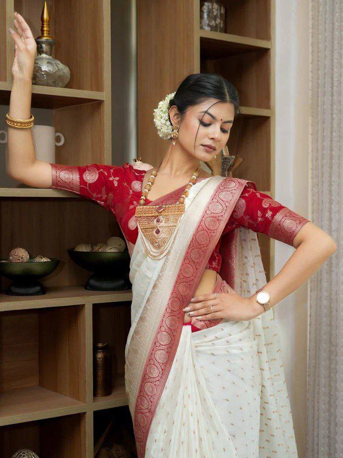 Elegant Off White Banarasi Silk Saree with Rose Pink Border & Delicate Zari Weaving