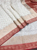 Elegant Off White Banarasi Silk Saree with Rose Pink Border & Delicate Zari Weaving