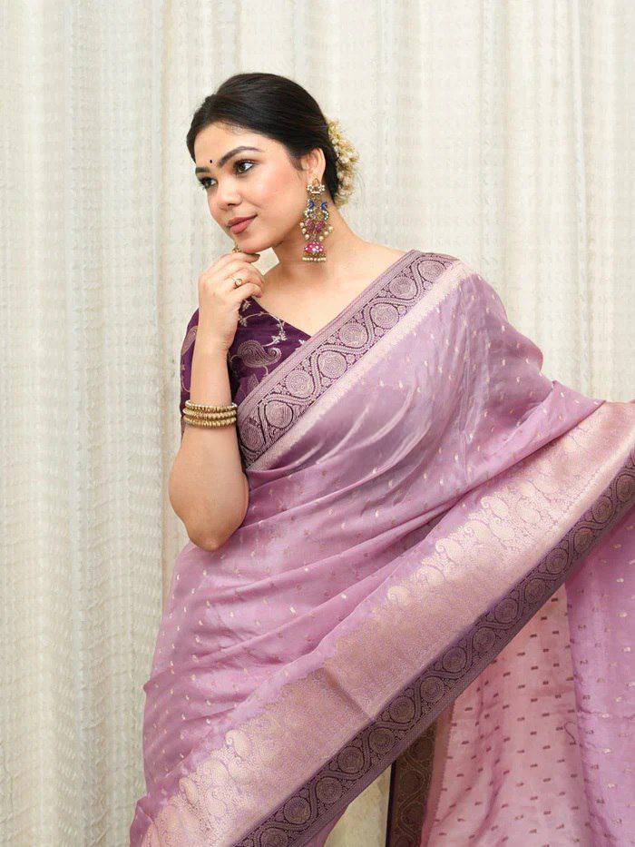 Elegant Lavender Banarasi Silk Saree with Purple Contrast Border & Silver Zari Weaving