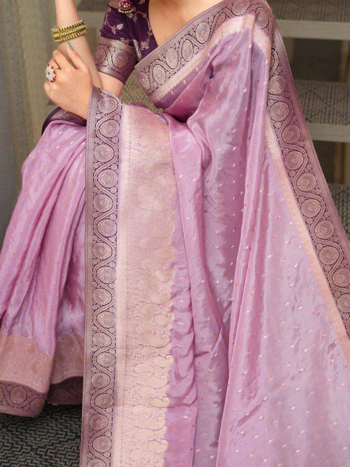 Elegant Lavender Banarasi Silk Saree with Purple Contrast Border & Silver Zari Weaving