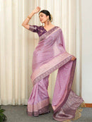 Elegant Lavender Banarasi Silk Saree with Purple Contrast Border & Silver Zari Weaving
