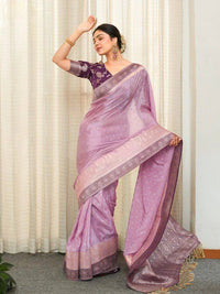 Elegant Lavender Banarasi Silk Saree with Purple Contrast Border & Silver Zari Weaving