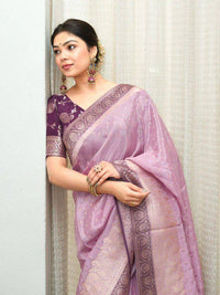 Elegant Lavender Banarasi Silk Saree with Purple Contrast Border & Silver Zari Weaving