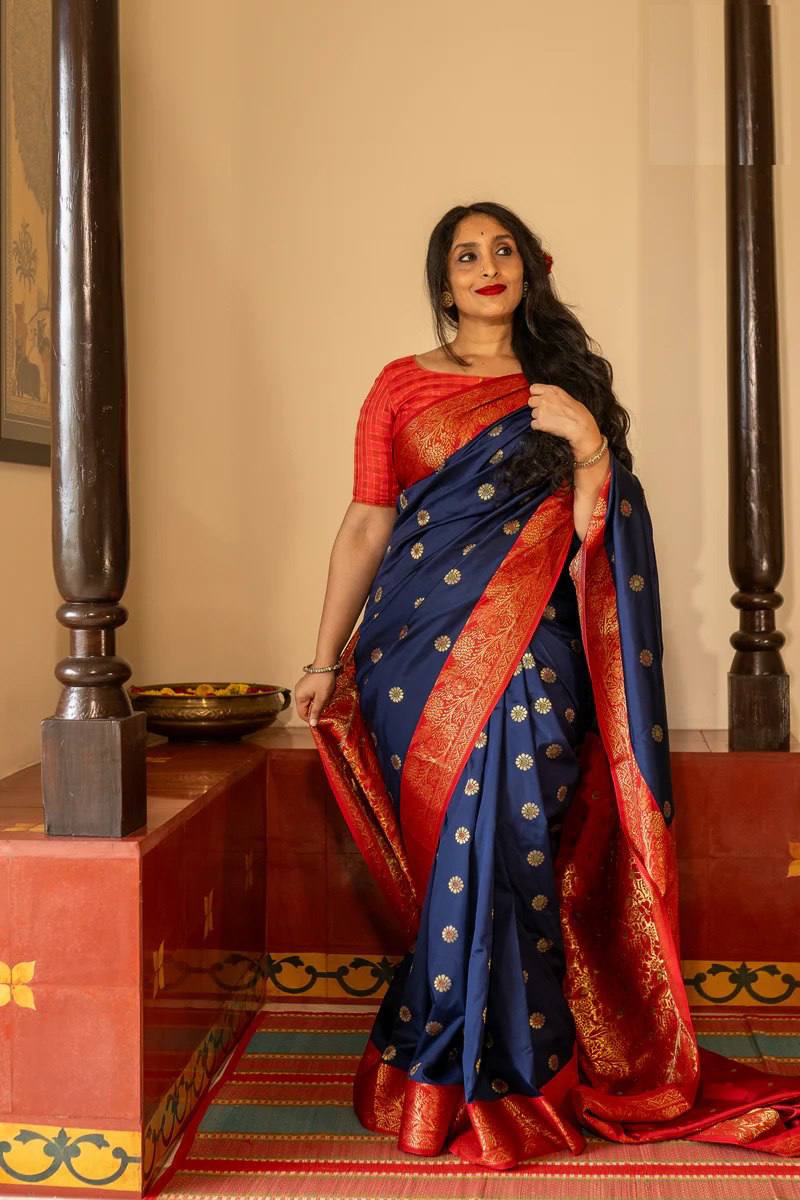 Royal Navy Blue Banarasi Silk Saree with Red Contrast Border & Rich Gold Zari Weaving