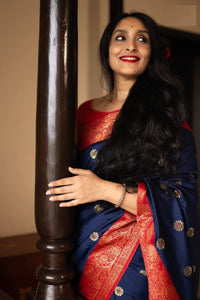 Royal Navy Blue Banarasi Silk Saree with Red Contrast Border & Rich Gold Zari Weaving
