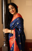 Royal Navy Blue Banarasi Silk Saree with Red Contrast Border & Rich Gold Zari Weaving