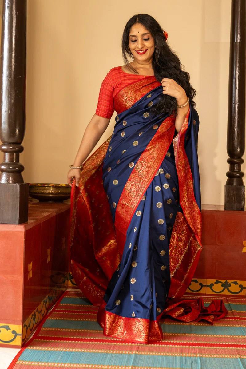 Royal Navy Blue Banarasi Silk Saree with Red Contrast Border & Rich Gold Zari Weaving