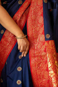 Royal Navy Blue Banarasi Silk Saree with Red Contrast Border & Rich Gold Zari Weaving