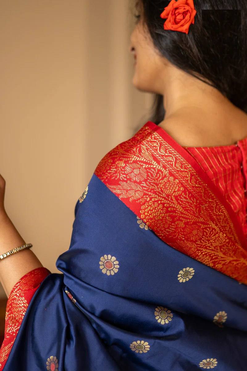 Royal Navy Blue Banarasi Silk Saree with Red Contrast Border & Rich Gold Zari Weaving