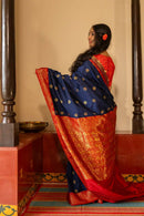 Royal Navy Blue Banarasi Silk Saree with Red Contrast Border & Rich Gold Zari Weaving