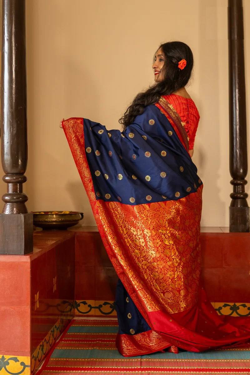 Royal Navy Blue Banarasi Silk Saree with Red Contrast Border & Rich Gold Zari Weaving