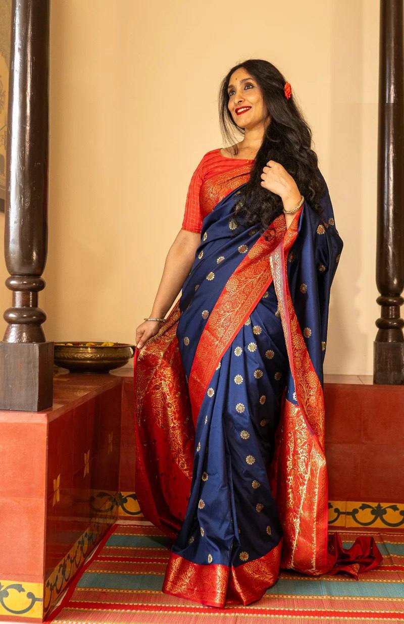 Royal Navy Blue Banarasi Silk Saree with Red Contrast Border & Rich Gold Zari Weaving