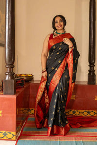 Elegant Black Banarasi Silk Saree with Red Contrast Border & Rich Gold Zari Weaving
