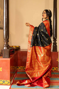 Elegant Black Banarasi Silk Saree with Red Contrast Border & Rich Gold Zari Weaving