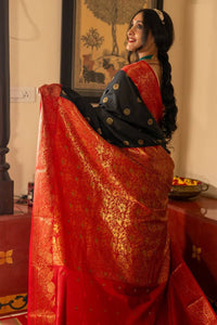 Elegant Black Banarasi Silk Saree with Red Contrast Border & Rich Gold Zari Weaving