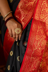 Elegant Black Banarasi Silk Saree with Red Contrast Border & Rich Gold Zari Weaving