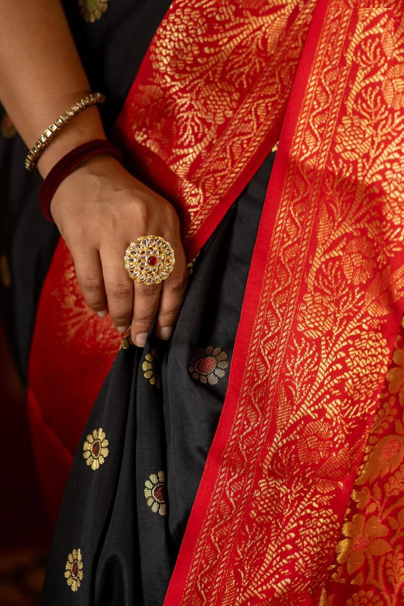 Elegant Black Banarasi Silk Saree with Red Contrast Border & Rich Gold Zari Weaving