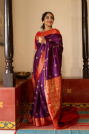Royal Purple Banarasi Silk Saree with Red Contrast Border & Rich Gold Zari Floral Weaving