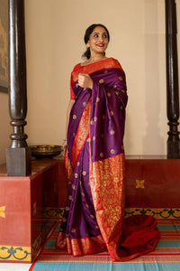Royal Purple Banarasi Silk Saree with Red Contrast Border & Rich Gold Zari Floral Weaving