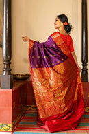 Royal Purple Banarasi Silk Saree with Red Contrast Border & Rich Gold Zari Floral Weaving