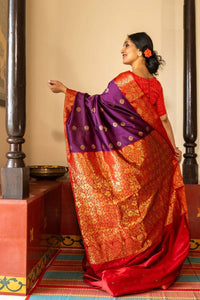 Royal Purple Banarasi Silk Saree with Red Contrast Border & Rich Gold Zari Floral Weaving