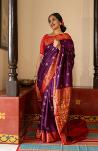 Royal Purple Banarasi Silk Saree with Red Contrast Border & Rich Gold Zari Floral Weaving