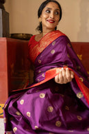 Royal Purple Banarasi Silk Saree with Red Contrast Border & Rich Gold Zari Floral Weaving