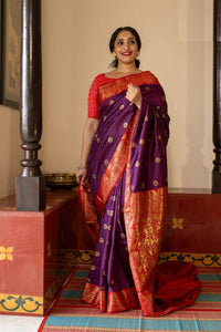Royal Purple Banarasi Silk Saree with Red Contrast Border & Rich Gold Zari Floral Weaving