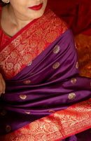 Royal Purple Banarasi Silk Saree with Red Contrast Border & Rich Gold Zari Floral Weaving