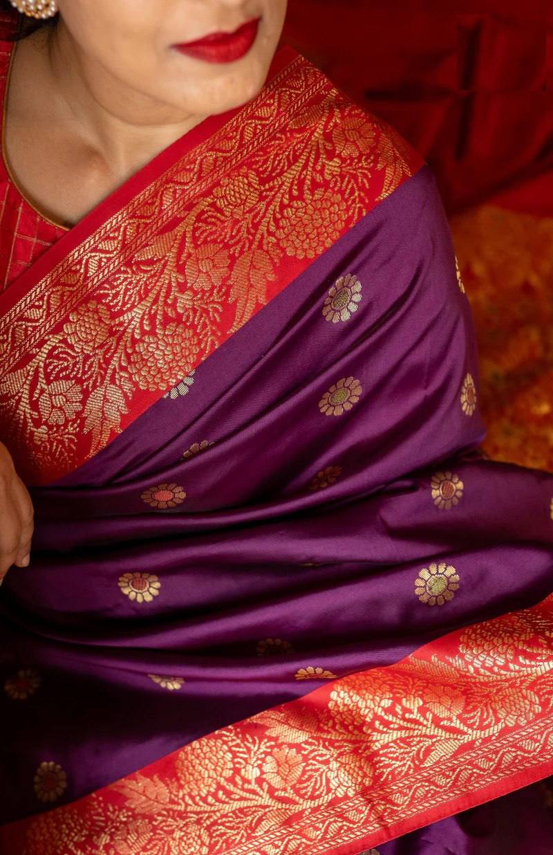 Royal Purple Banarasi Silk Saree with Red Contrast Border & Rich Gold Zari Floral Weaving