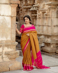 Elegant Mustard Cotton Silk Saree with Rani Pink Contrast Border & Checked Weaving