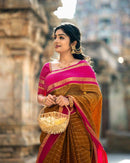 Elegant Mustard Cotton Silk Saree with Rani Pink Contrast Border & Checked Weaving