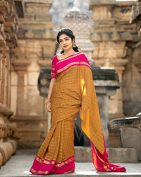 Elegant Mustard Cotton Silk Saree with Rani Pink Contrast Border & Checked Weaving
