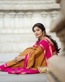 Elegant Mustard Cotton Silk Saree with Rani Pink Contrast Border & Checked Weaving