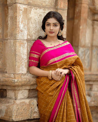 Elegant Mustard Cotton Silk Saree with Rani Pink Contrast Border & Checked Weaving